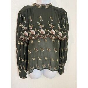 Zara Women Embroidered Blouse Sheer Cottagecore Boho Green Fairy Floral Fall L